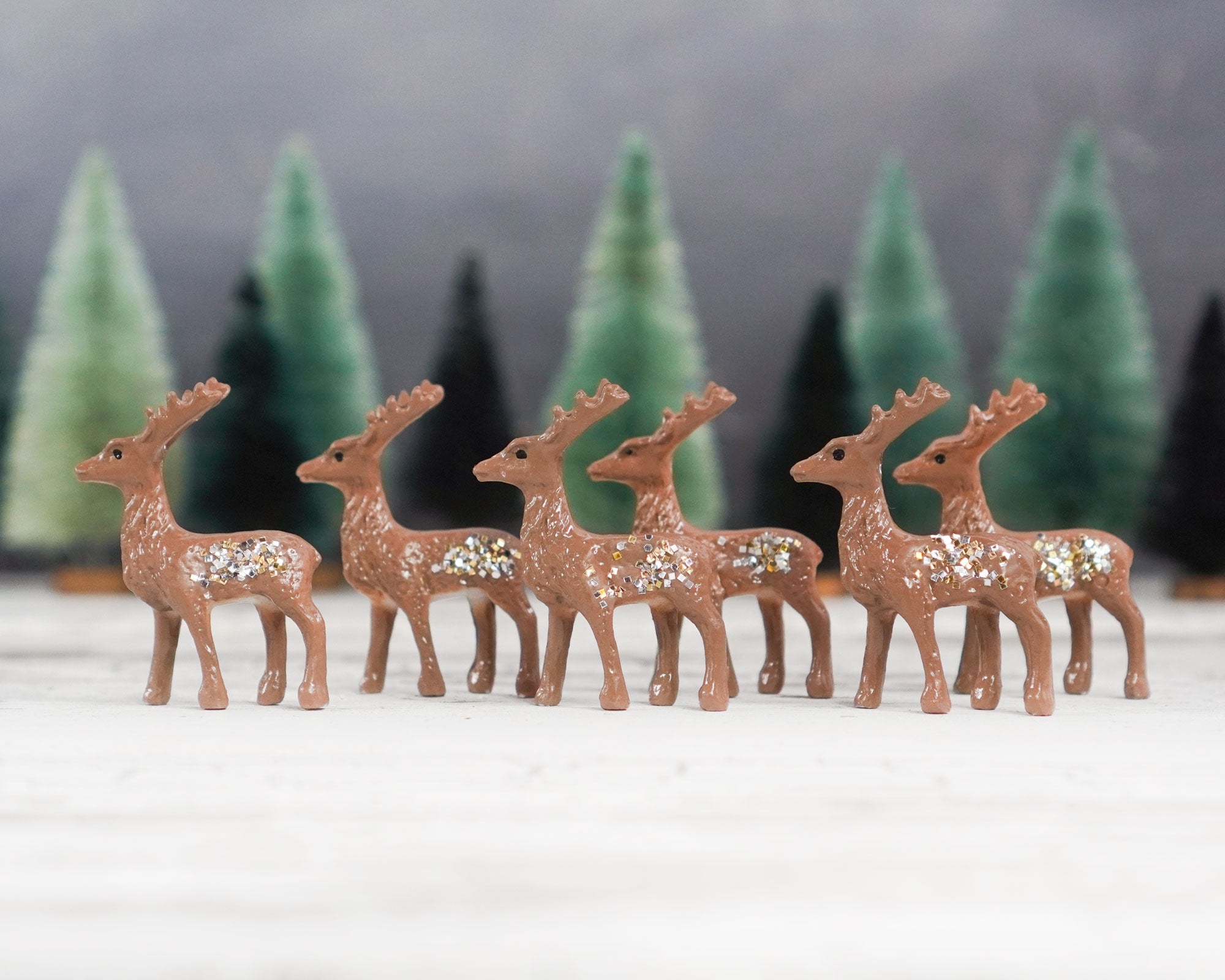 Miniature Deer 6 Brown Plastic Reindeer Figurines with Glitter