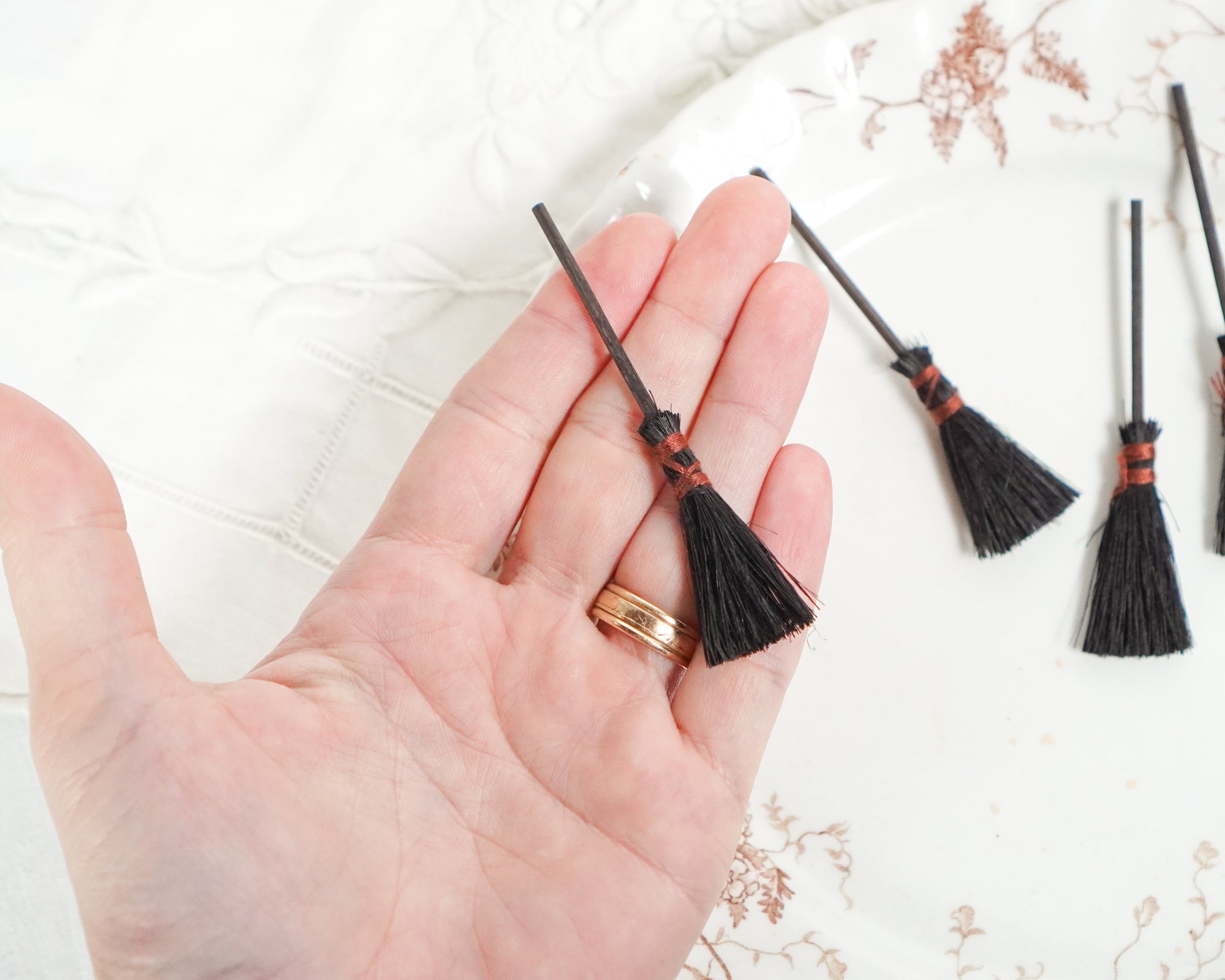Miniature Witch Brooms - 4 Small Black Sisal Mini Halloween Hearth Brooms