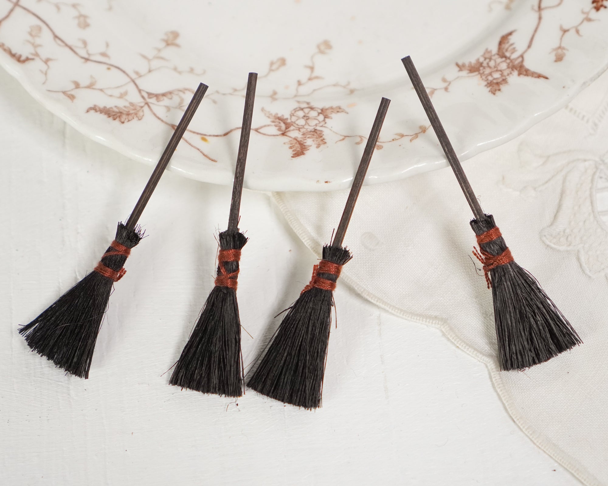 Miniature Witch Brooms - 4 Small Black Sisal Mini Halloween Hearth Brooms