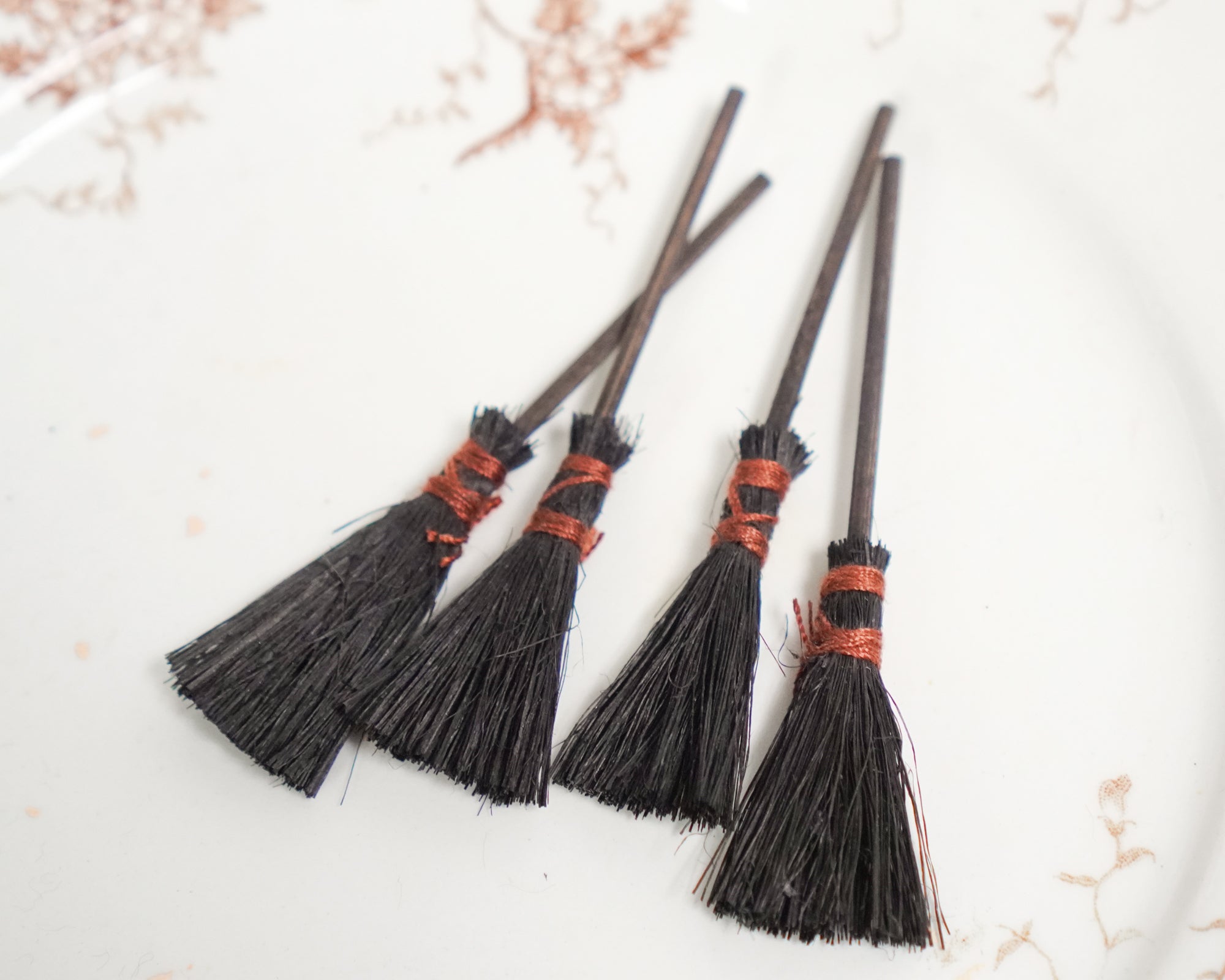 Miniature Witch Brooms - 4 Small Black Sisal Mini Halloween Hearth Brooms