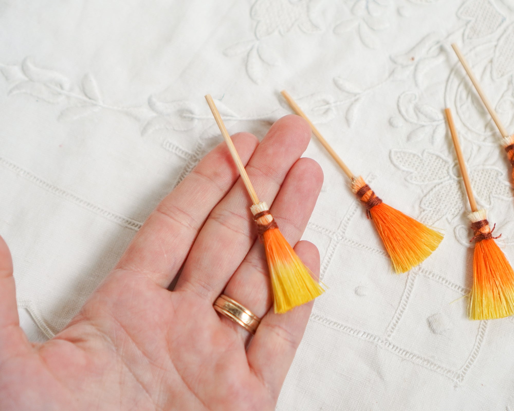 Miniature Candy Corn Brooms - 4 Tiny Dip-Dyed Sisal Mini Halloween Brooms