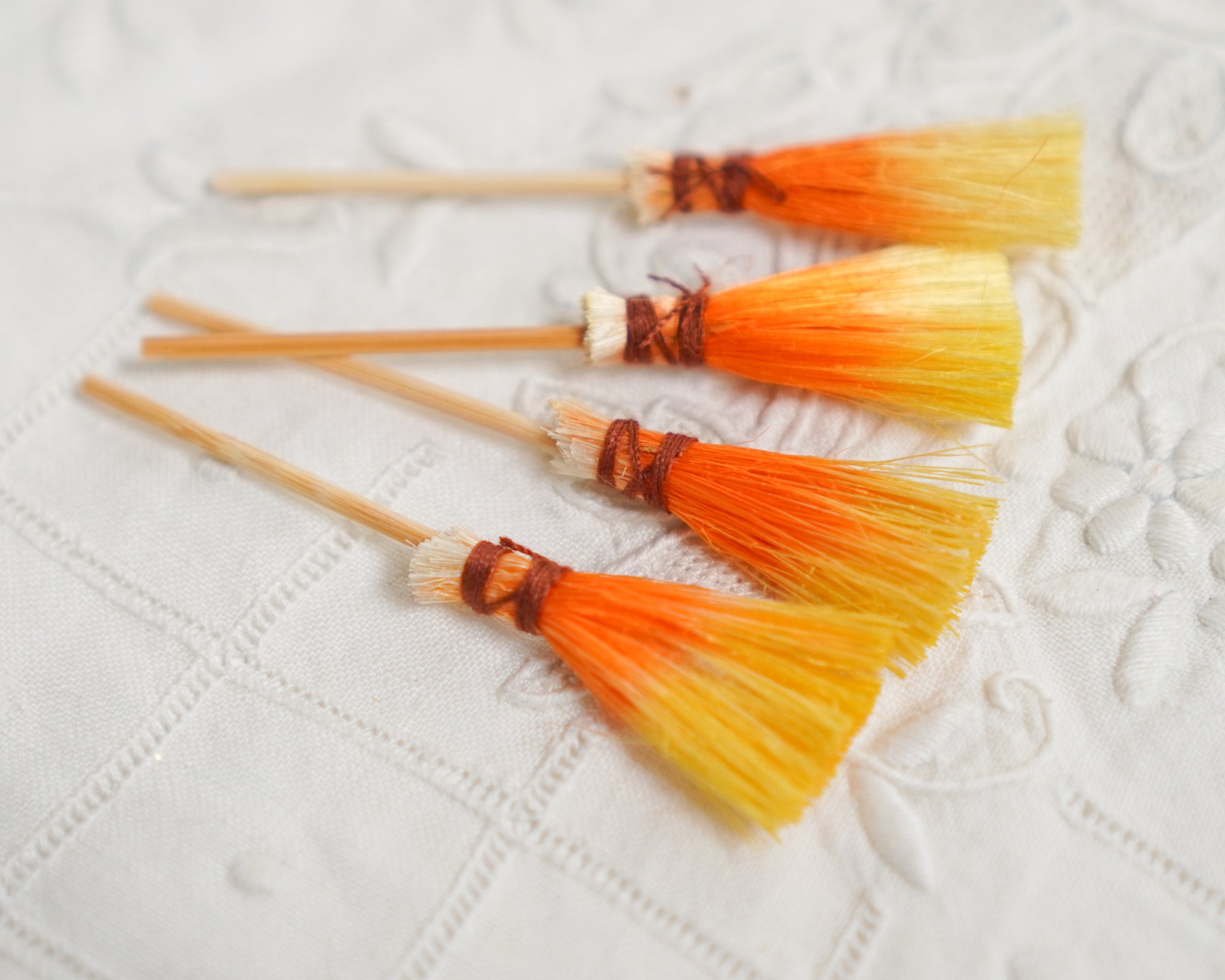 Miniature Candy Corn Brooms - 4 Tiny Dip-Dyed Sisal Mini Halloween Brooms