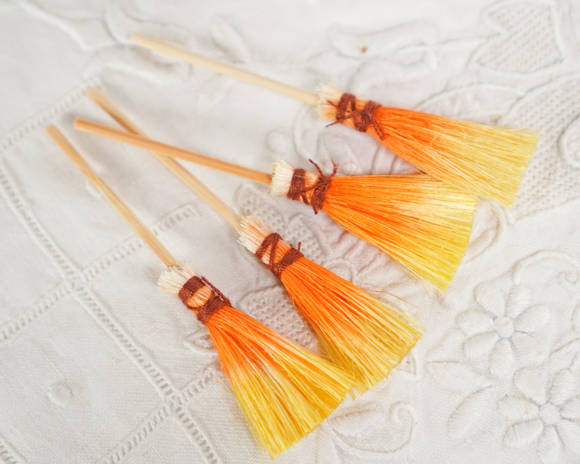 Miniature Candy Corn Brooms - 4 Tiny Dip-Dyed Sisal Mini Halloween Brooms