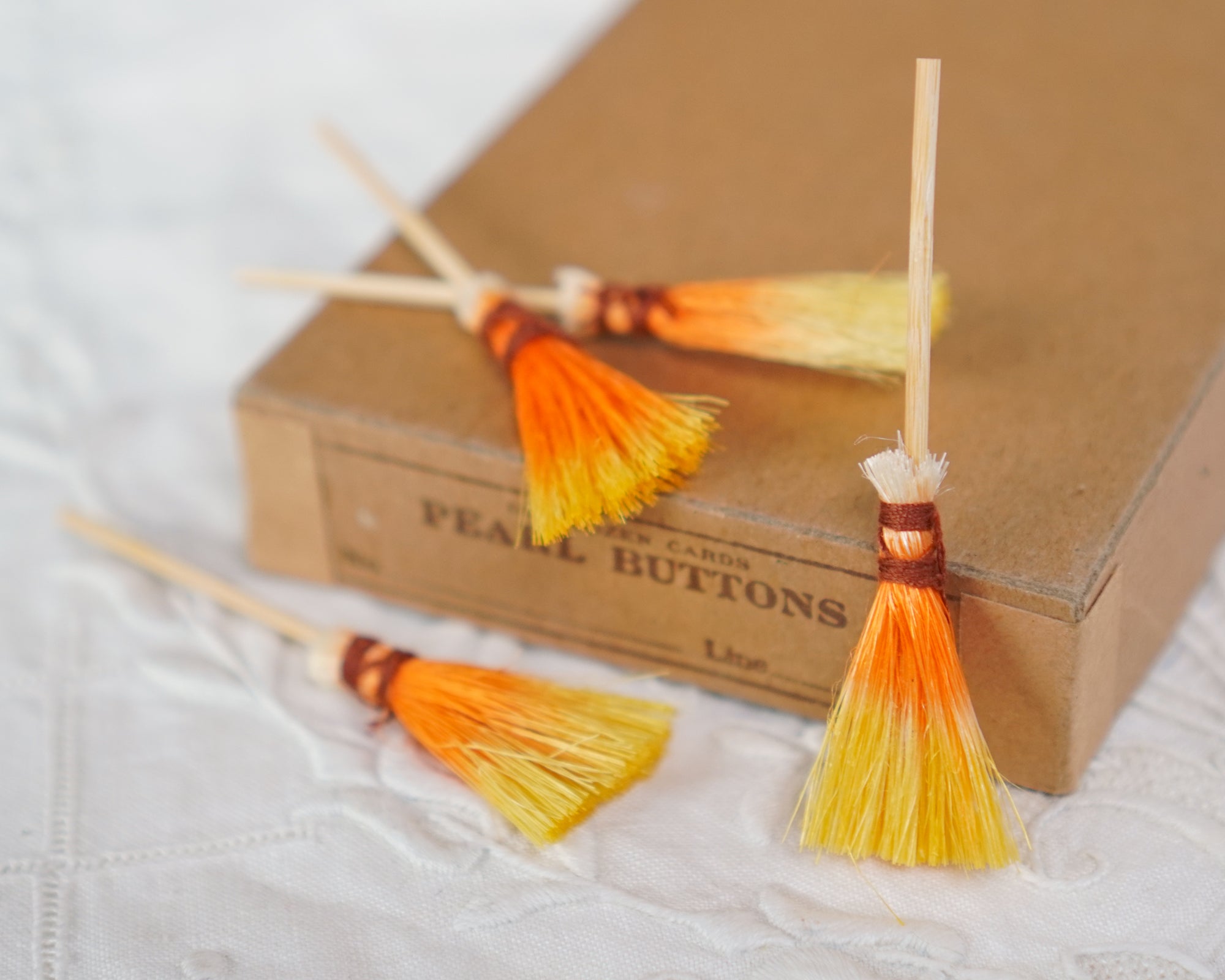 Miniature Candy Corn Brooms - 4 Tiny Dip-Dyed Sisal Mini Halloween Brooms