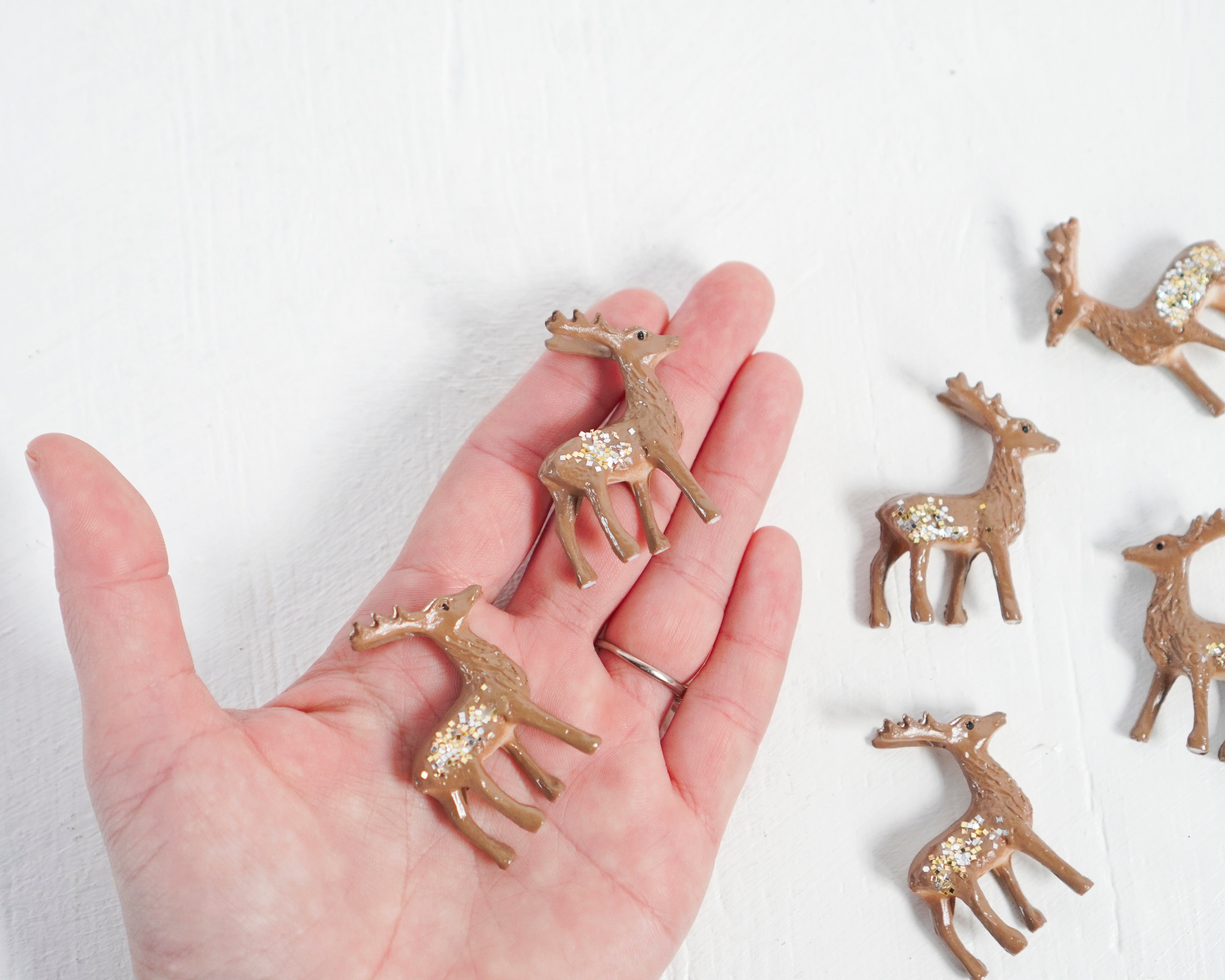 Miniature Deer - 6 Brown Plastic Reindeer Figurines with Glitter