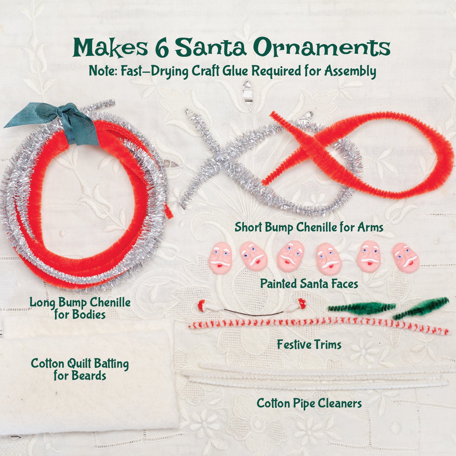 Chenille Santa Pipe Cleaner Ornament Craft Kit, Vintage Style Bump Chenille Santa Supply Pack