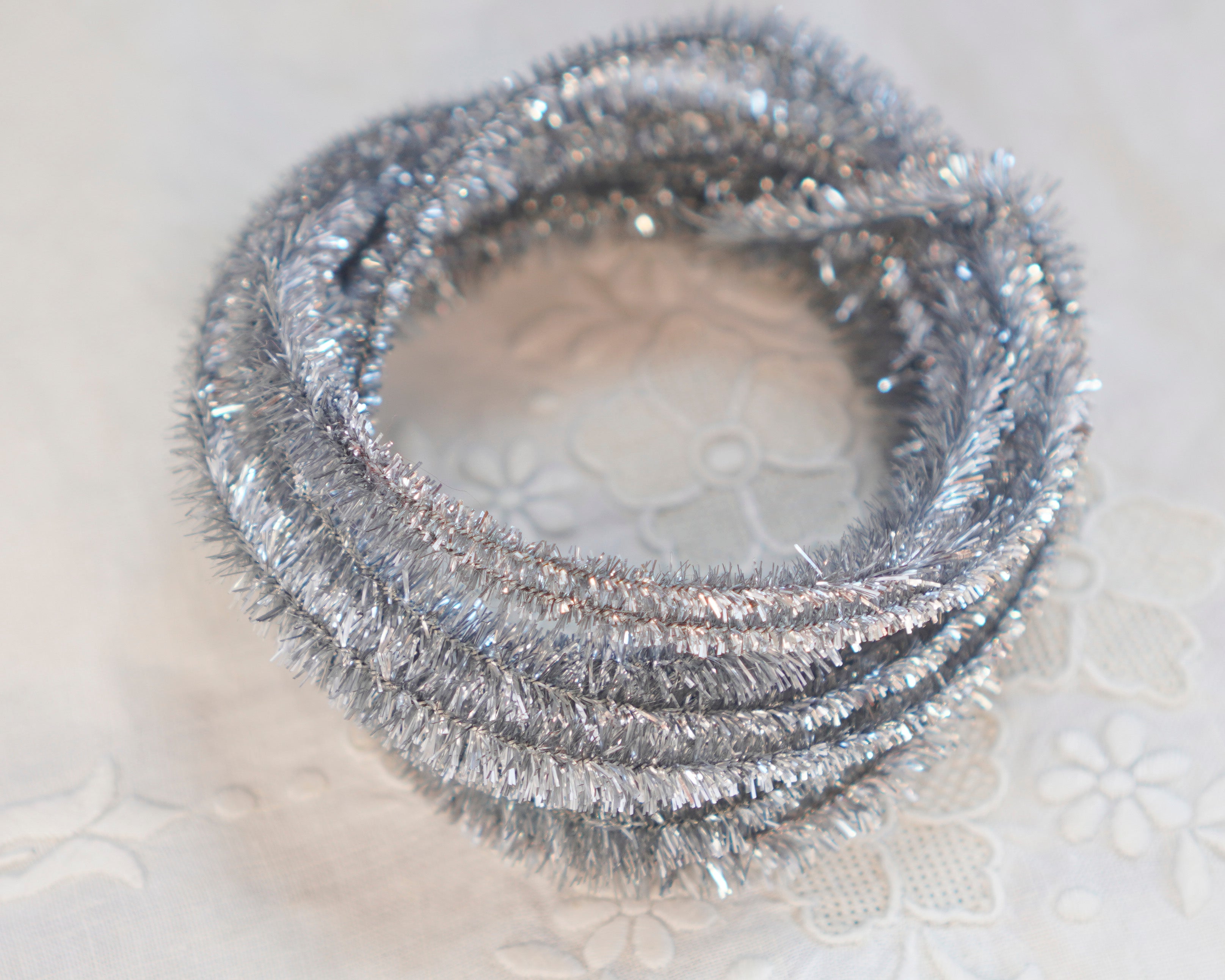 Long Skinny Bump Chenille - Silver Tinsel Pipe Cleaner Wired Craft Trim, 3 Yds.