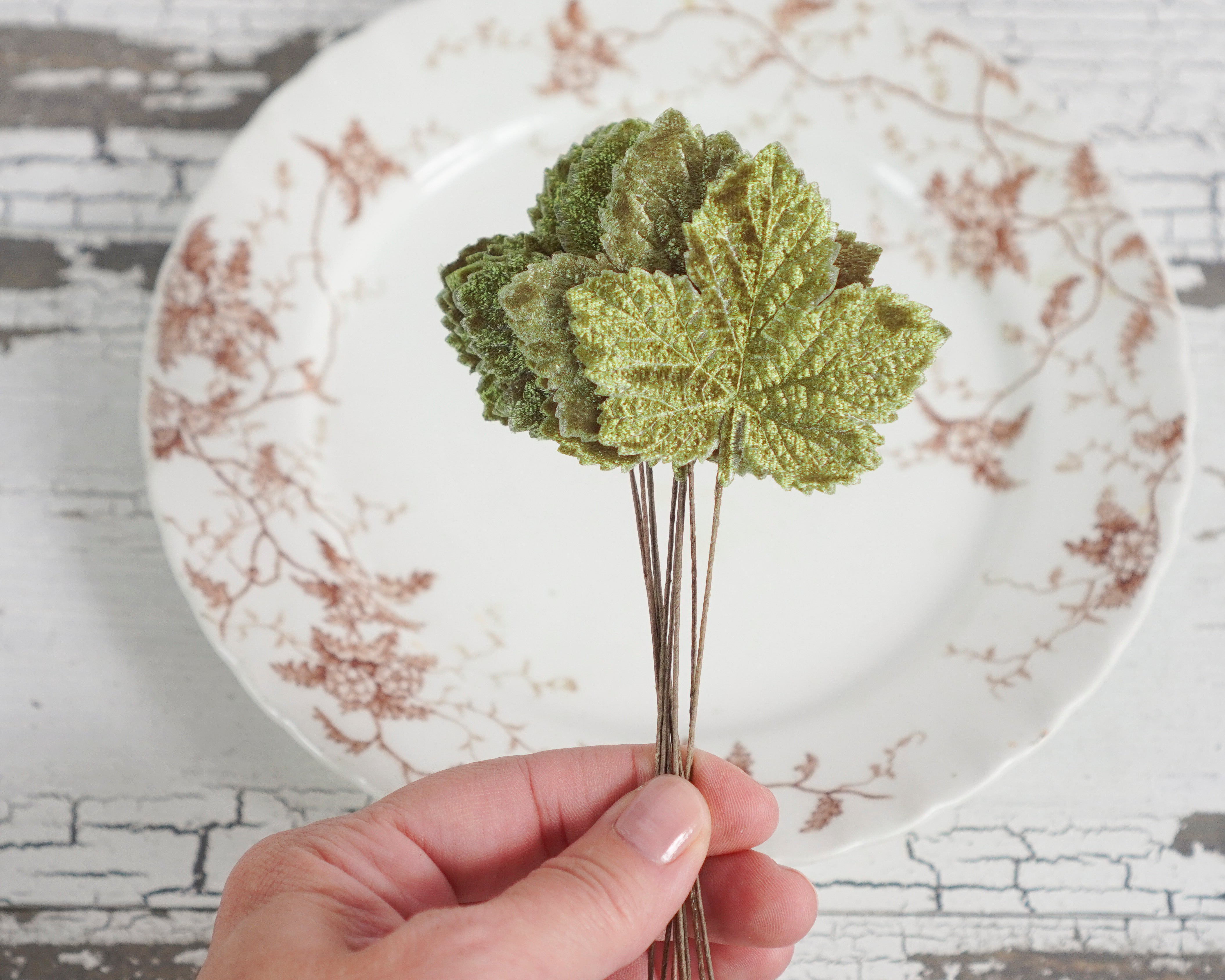 Mini Velvet Pumpkin Leaves - Moss Green Autumn Craft Leaf Stems, 10 Pcs.