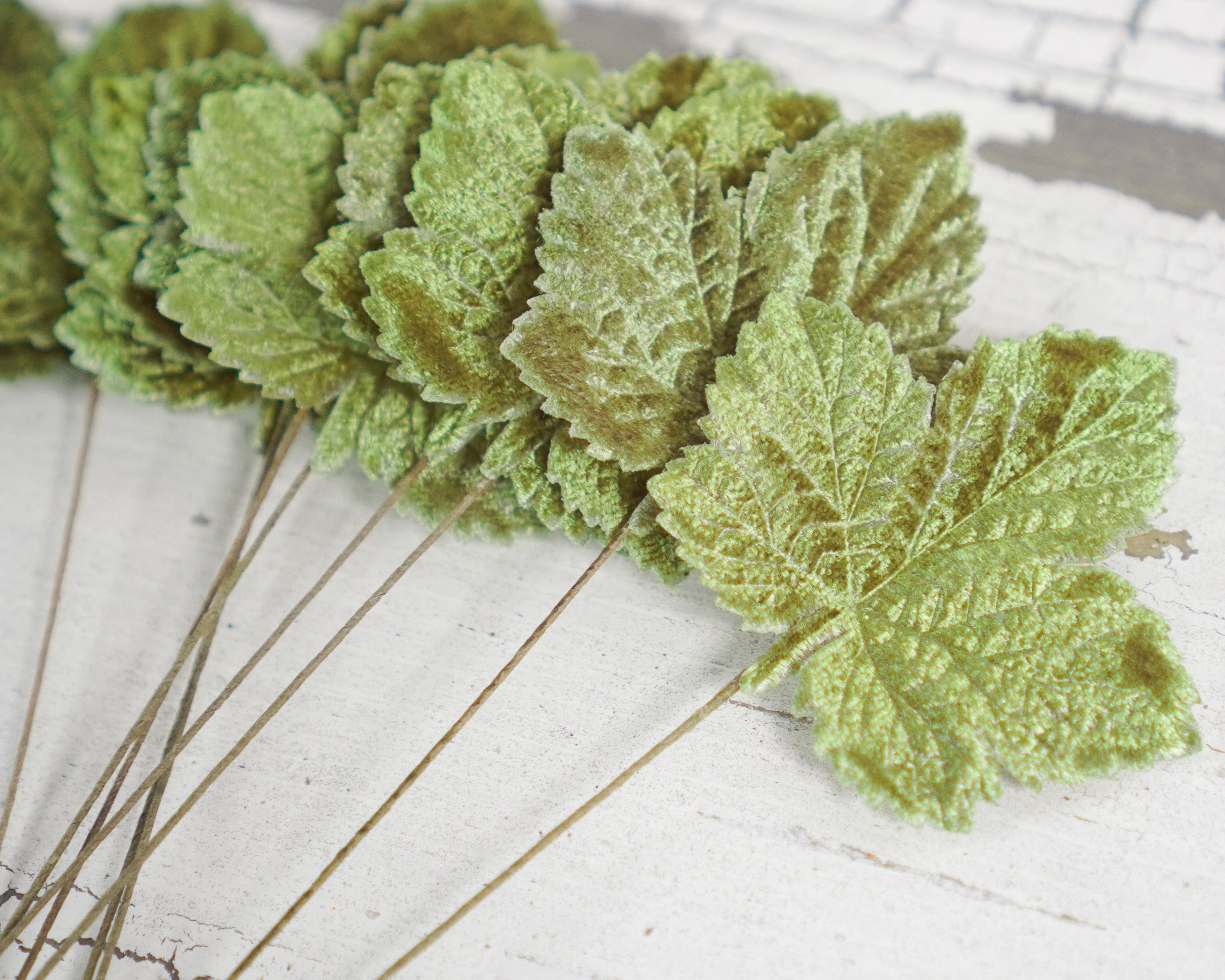 Mini Velvet Pumpkin Leaves - Moss Green Autumn Craft Leaf Stems, 10 Pcs.