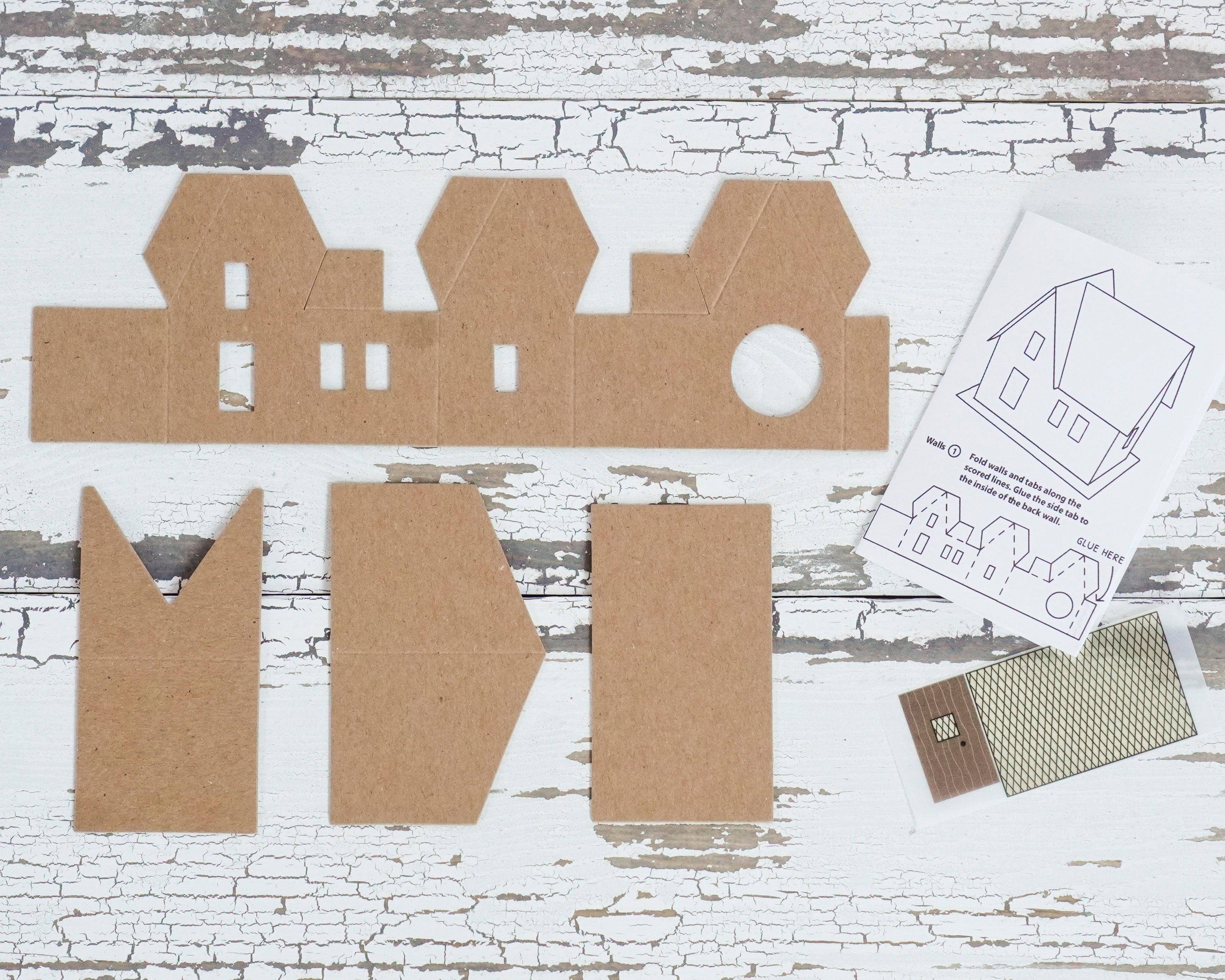 Christmas Village Putz Kit - DIY Flat Pack Vintage Style Chipboard Houses, 4-Piece Set