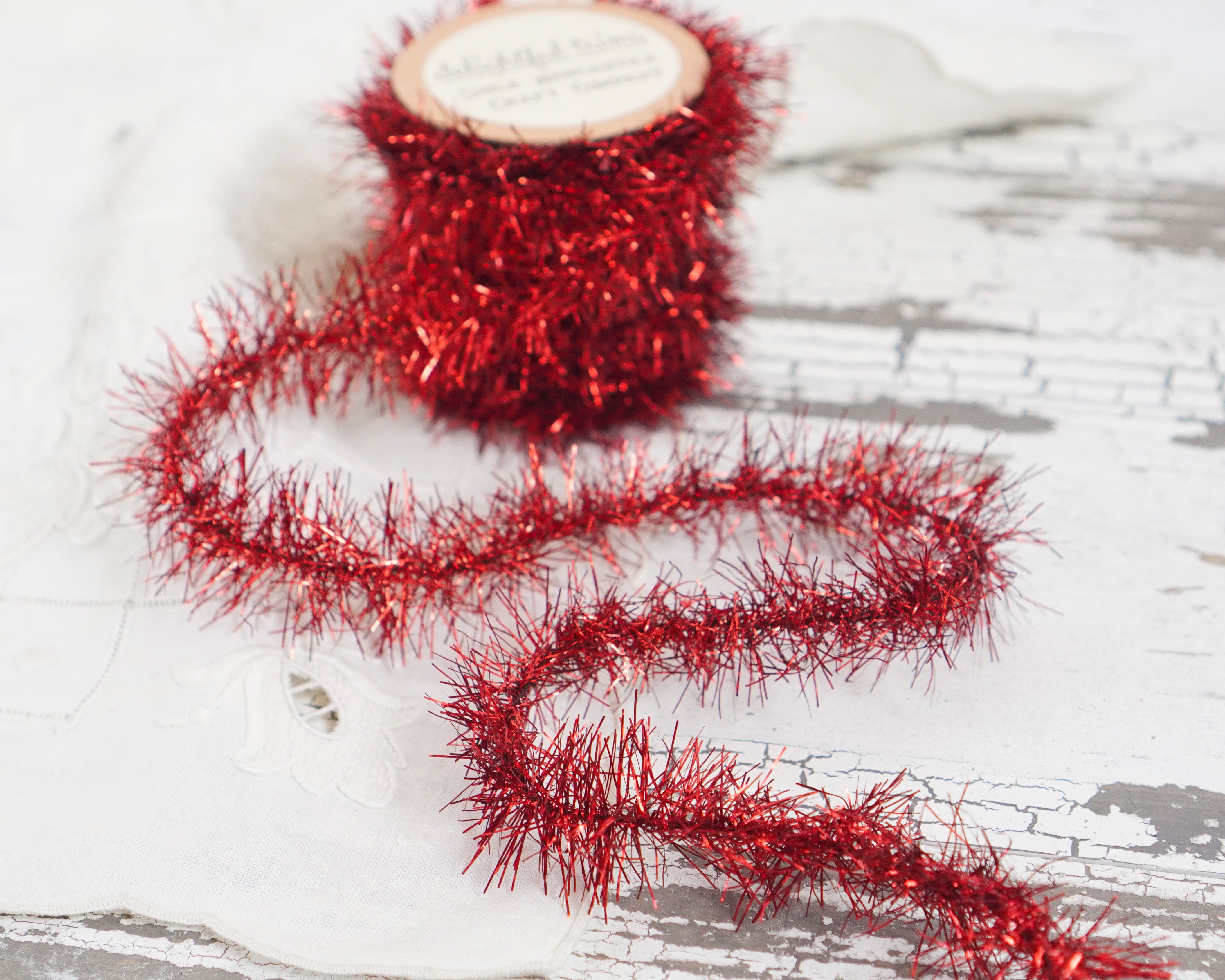 Tinsel Garland - Retro Christmas Red Vintage Style Trim, 12 Foot Spool