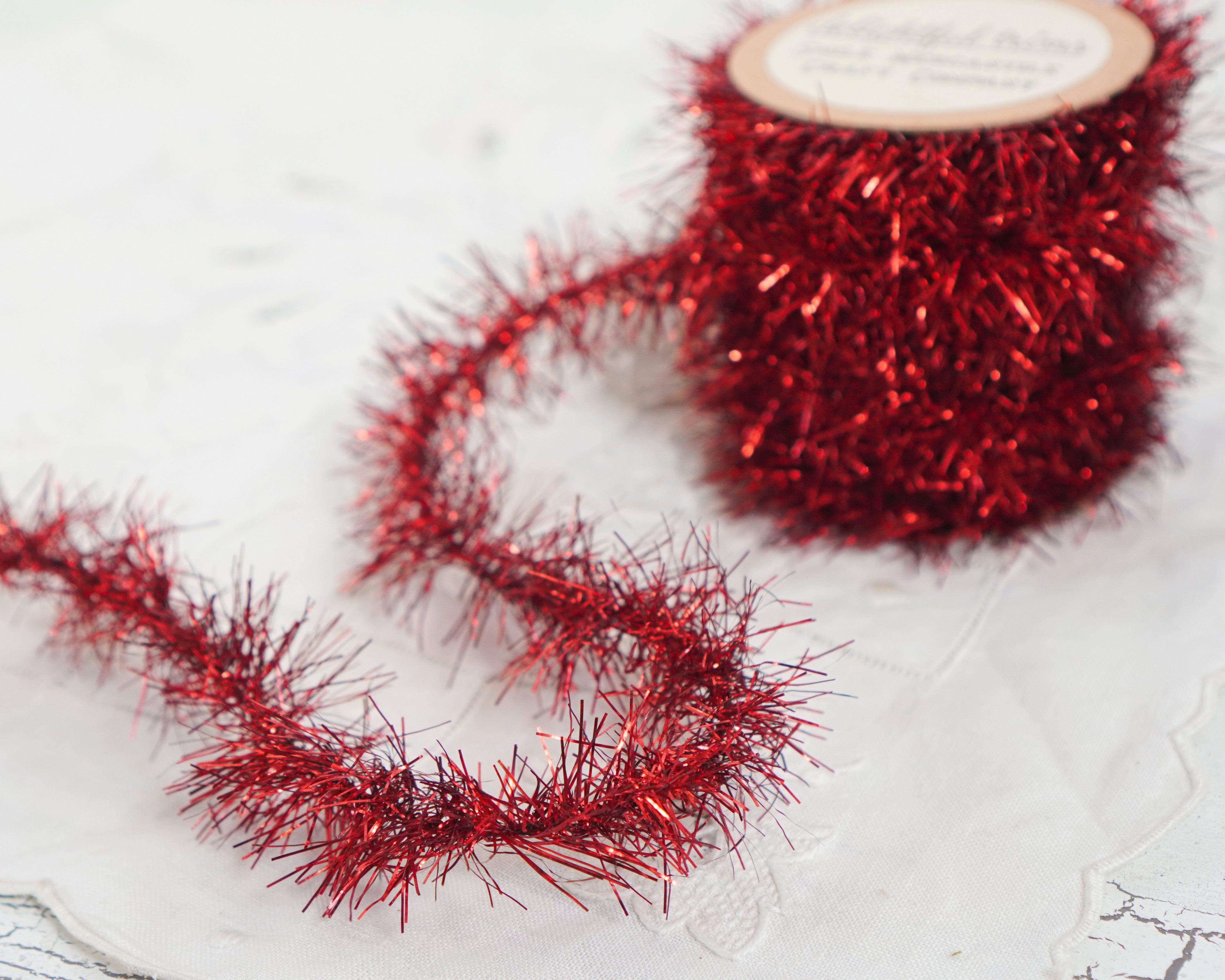 Tinsel Garland - Retro Christmas Red Vintage Style Trim, 12 Foot Spool