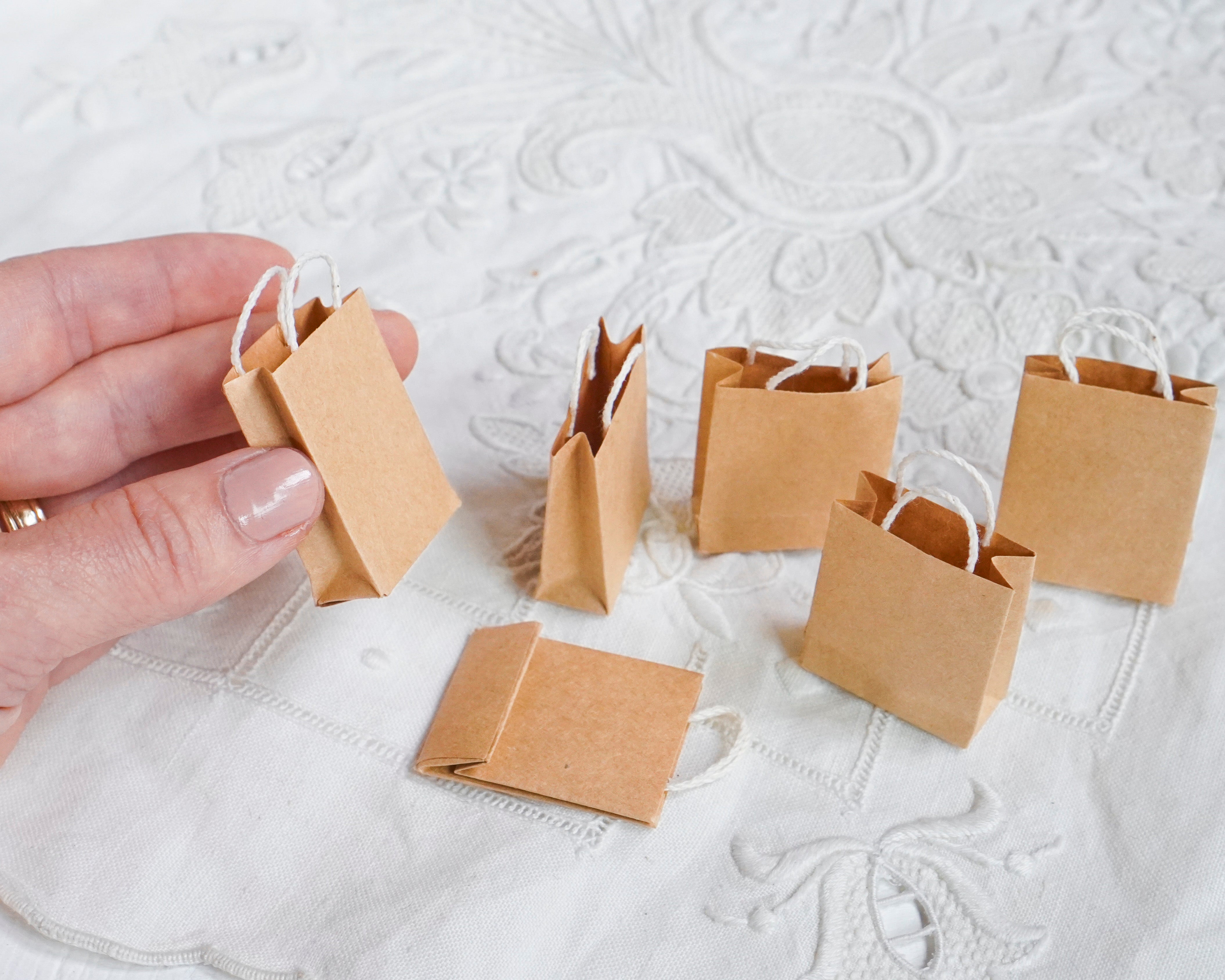 Miniature Shopping Bags - Tiny Dollhouse 1:12 Scale Tan Kraft Paper Gift Bags, 6 Pcs.