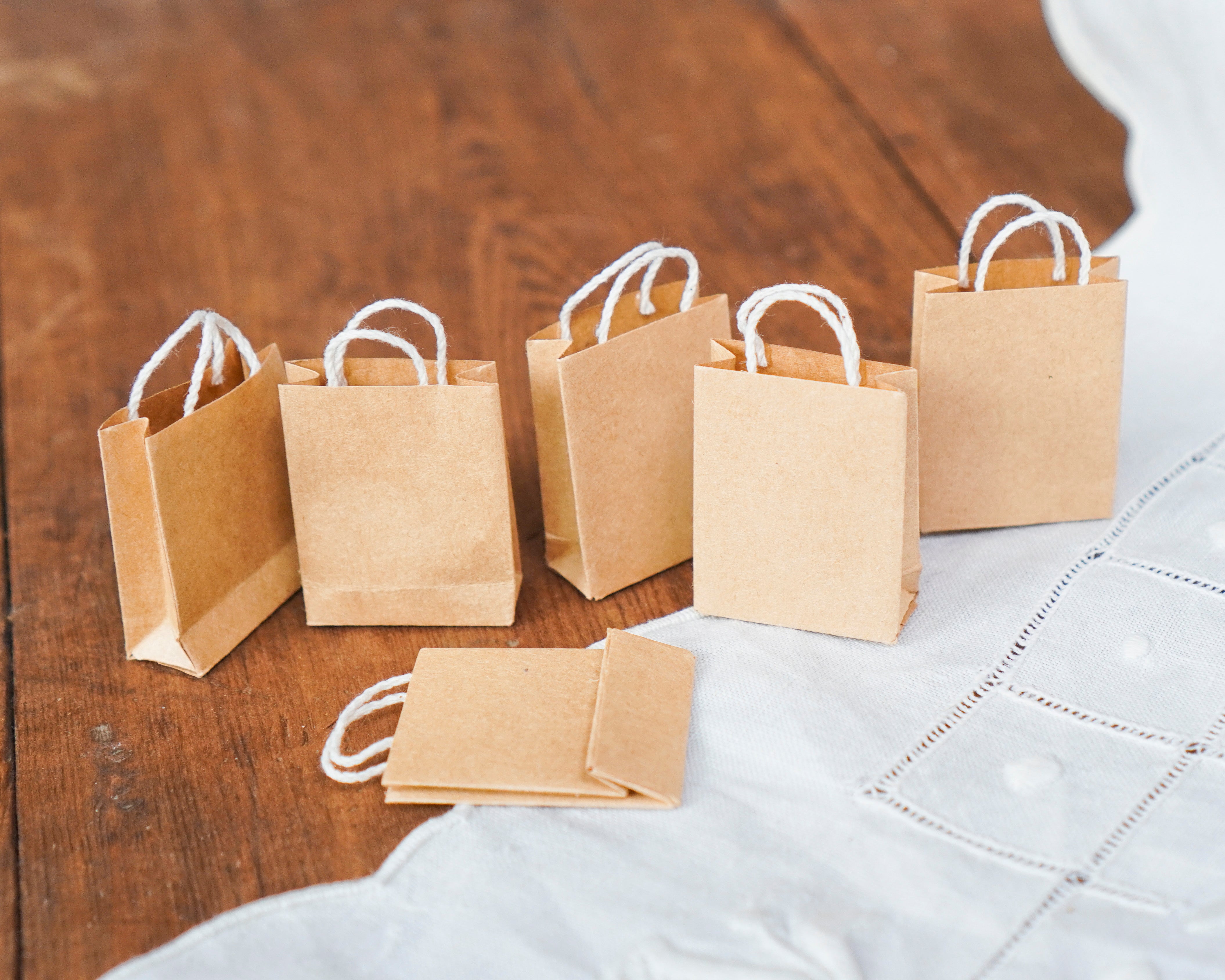 Miniature Shopping Bags - Tiny Dollhouse 1:12 Scale Tan Kraft Paper Gift Bags, 6 Pcs.