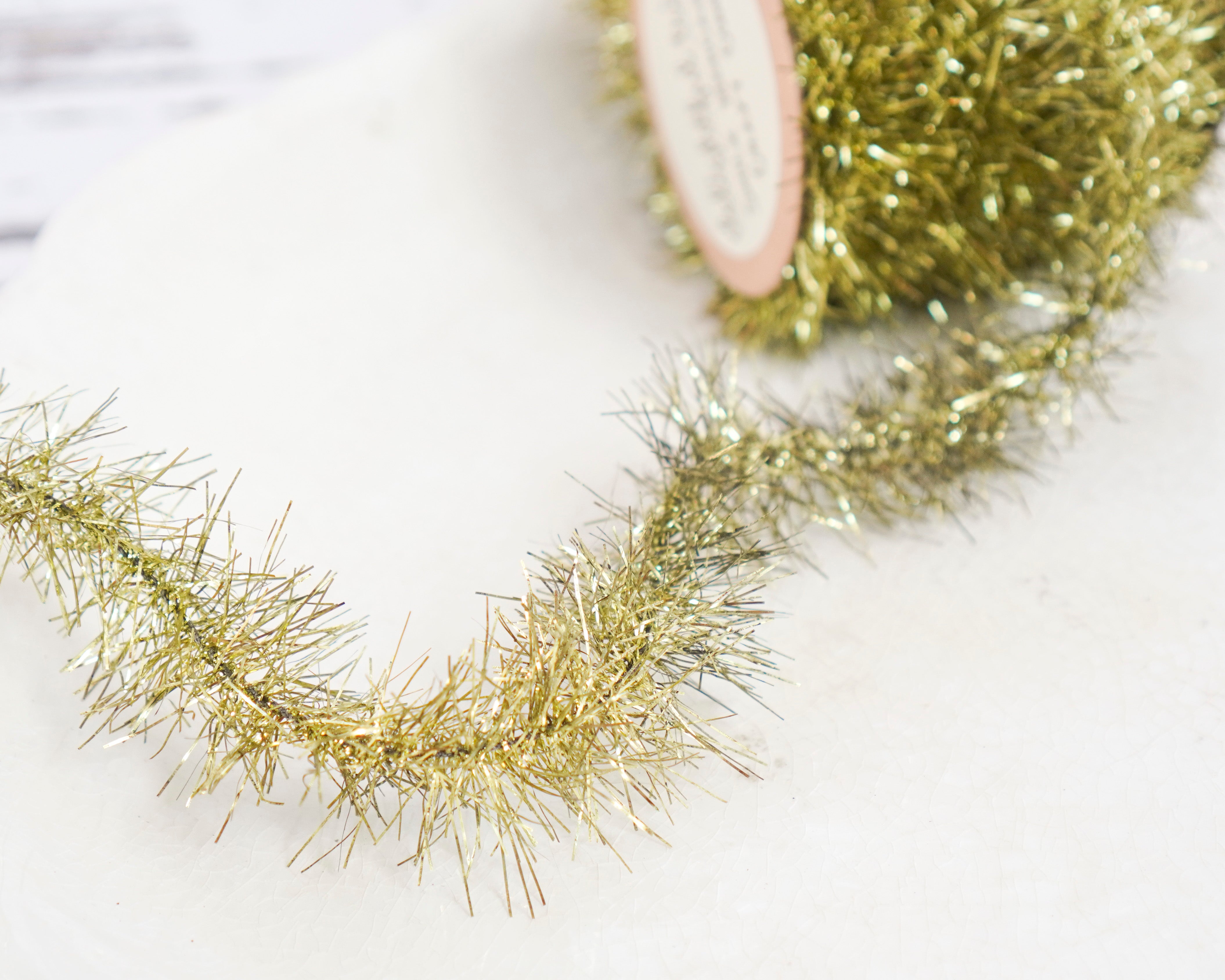 Tinsel Garland - Pale Brass Gold Vintage Style Christmas Trim, 12 Foot Spool