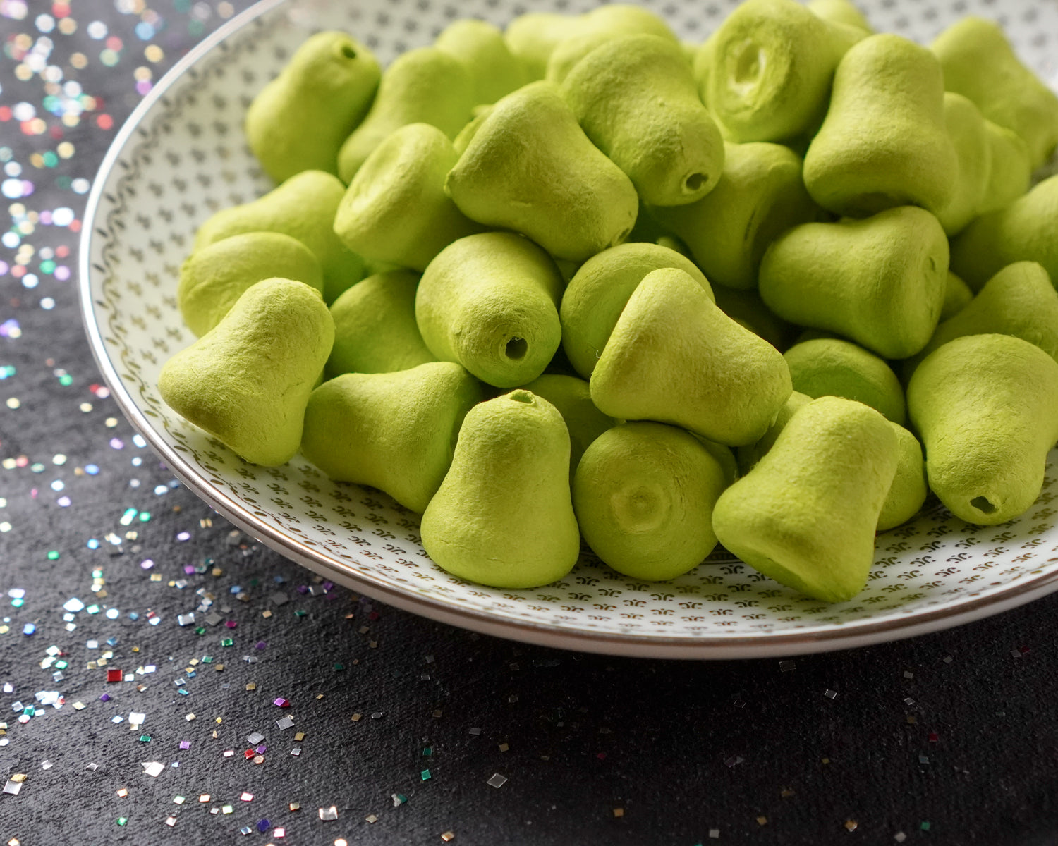 Mini Lime Green Bells - 20mm Tinted Spun Cotton Craft Shapes, 24 Pcs.