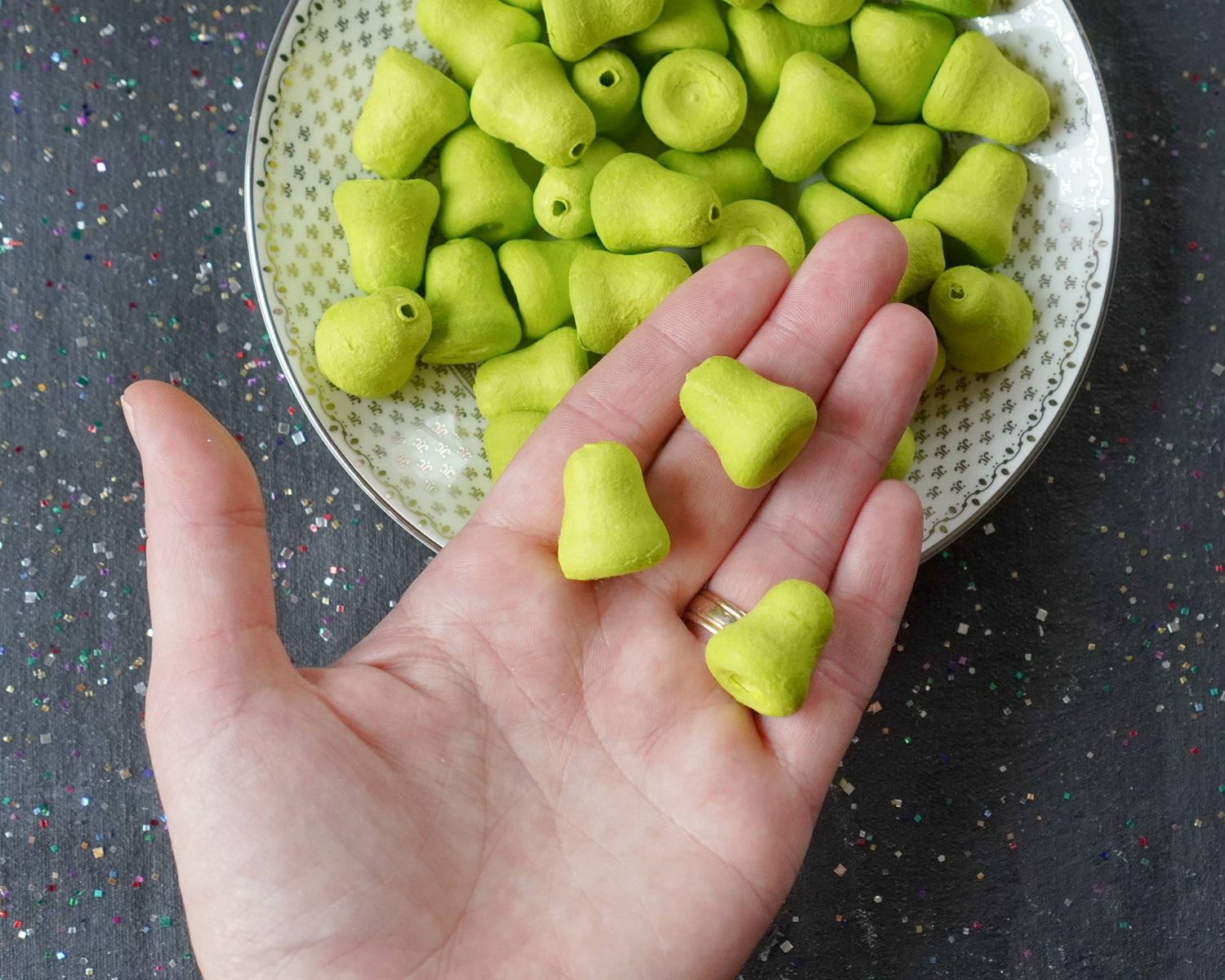 Mini Lime Green Bells - 20mm Tinted Spun Cotton Craft Shapes, 24 Pcs.