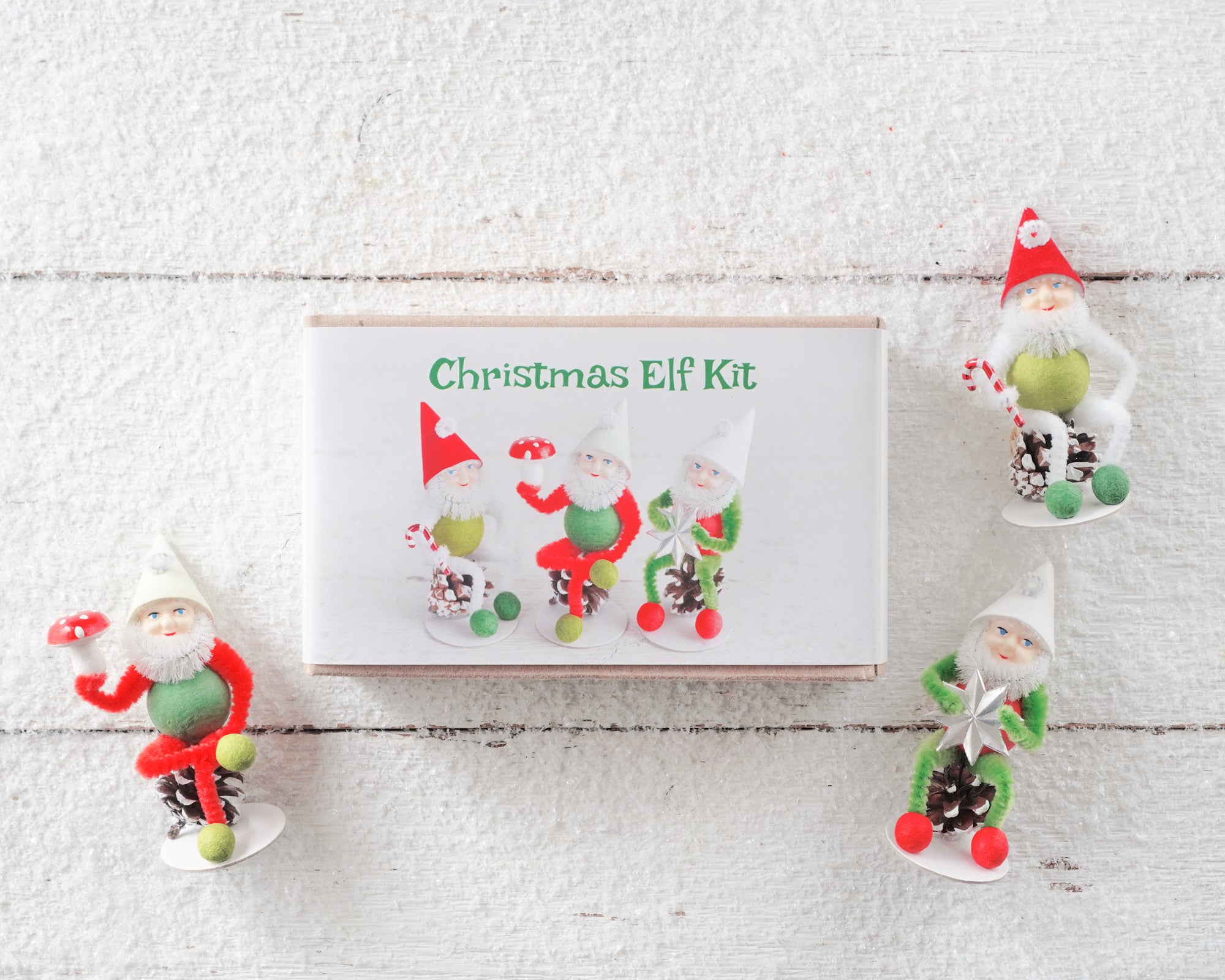 Christmas Elf Craft Kit - DIY Red and Green Spun Cotton and Pine Cone Elves