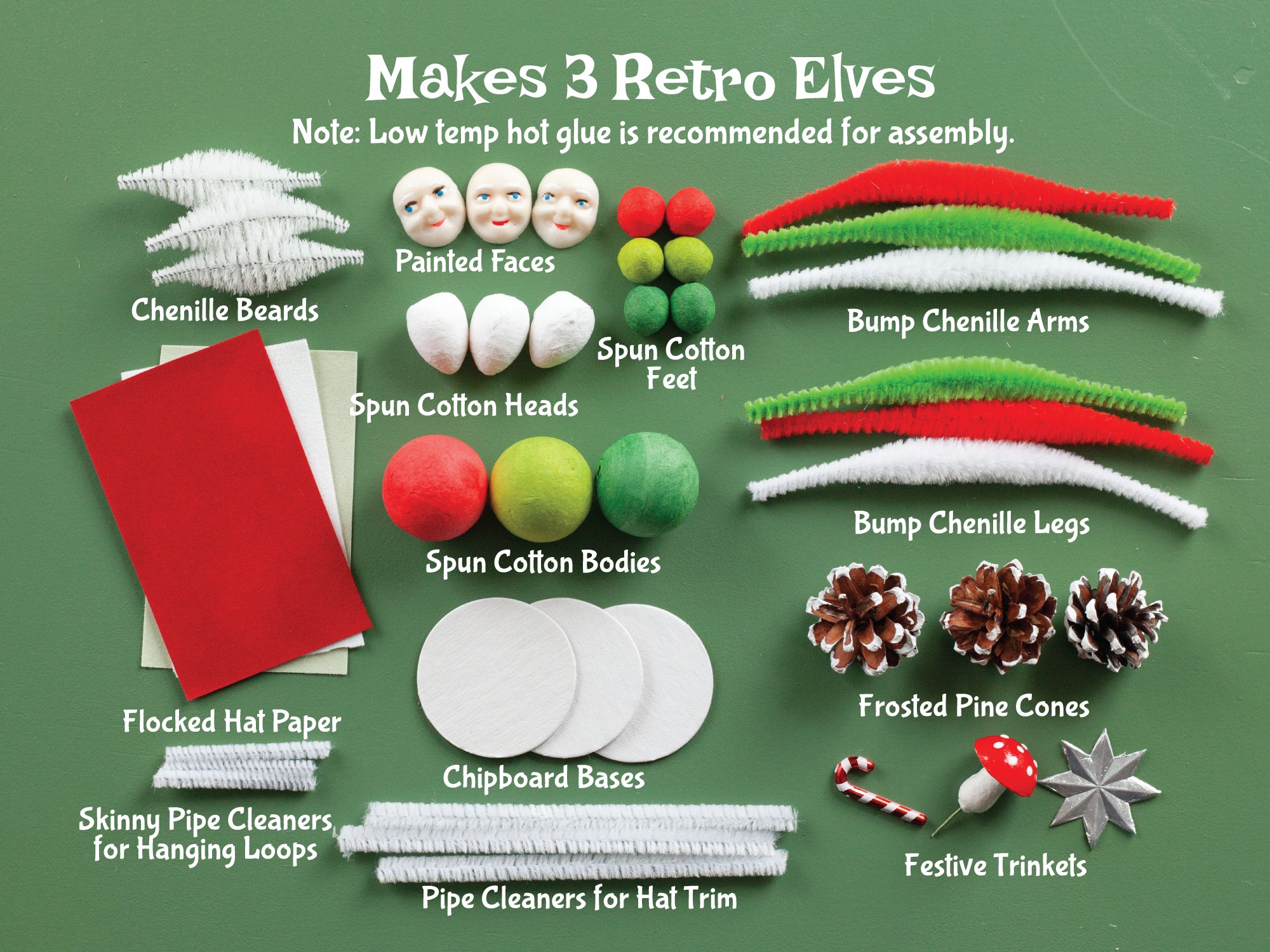 Christmas Elf Craft Kit - DIY Red and Green Spun Cotton and Pine Cone Elves