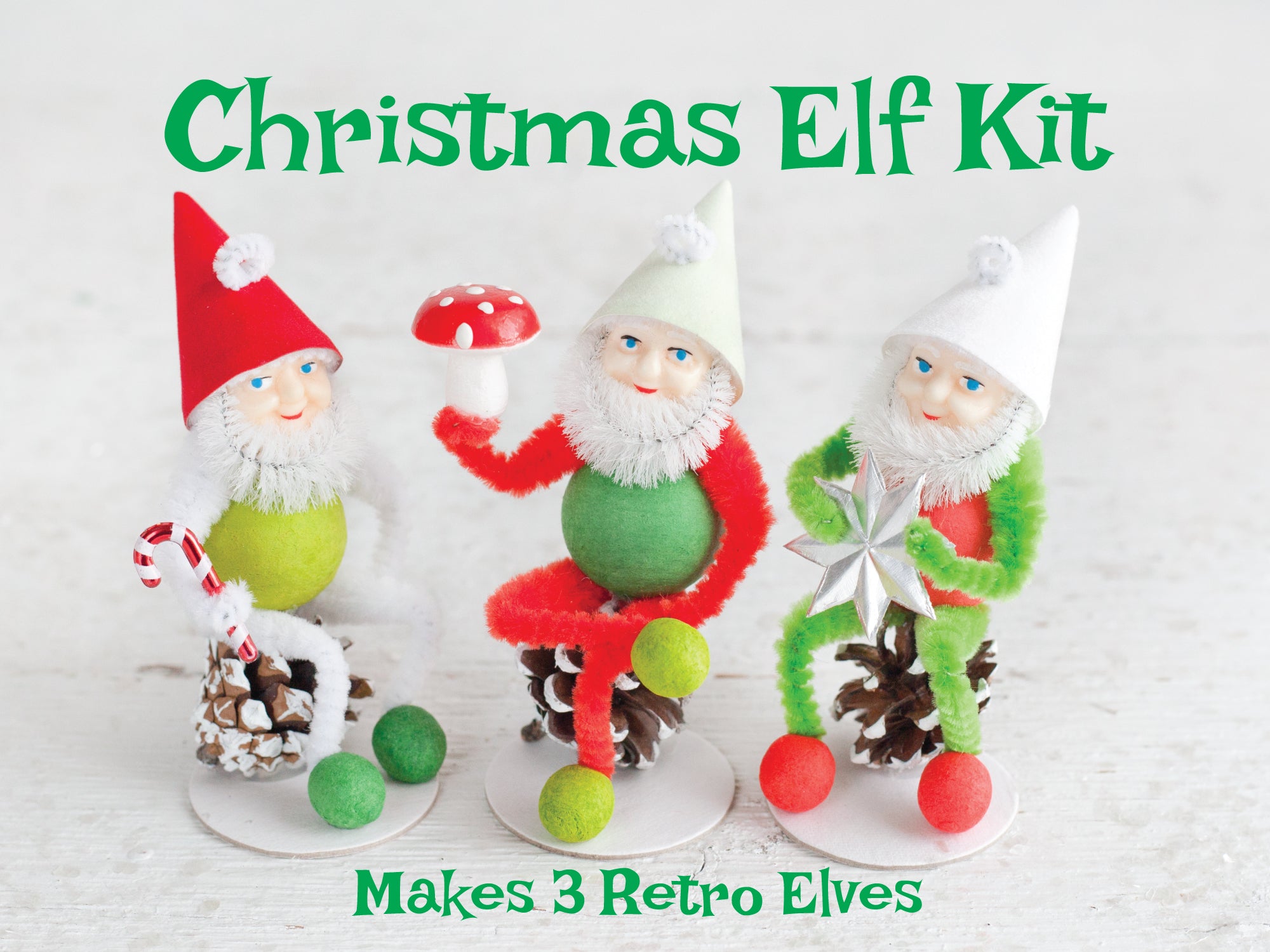 Christmas Elf Craft Kit - DIY Red and Green Spun Cotton and Pine Cone Elves